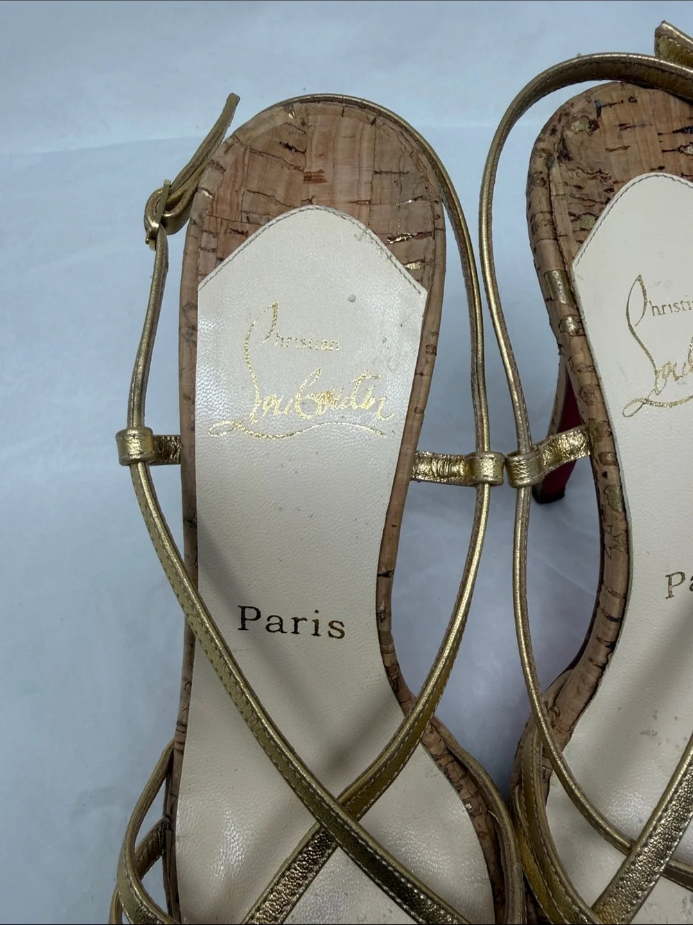 Christian Louboutin Metallic Gold Strappy Cork Platform Heels